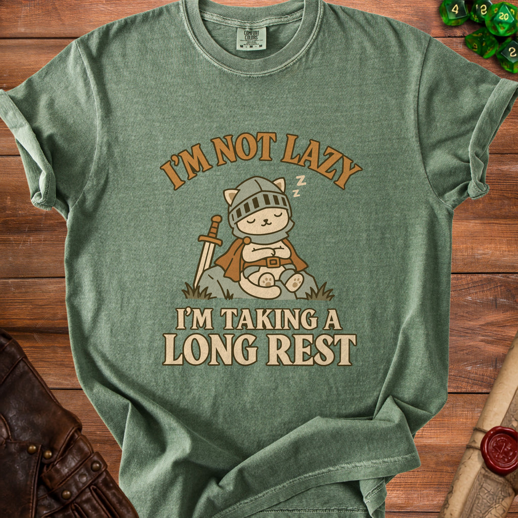 Green t-shirt with sleeping knight cat graphic and text "I'm not lazy I'm taking a long rest".