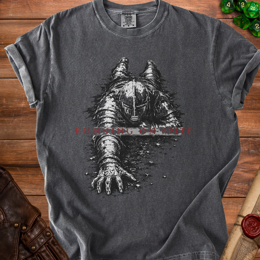 Dark grey t-shirt with knight in armor crawling, text "RUNNING ON EMPTY".