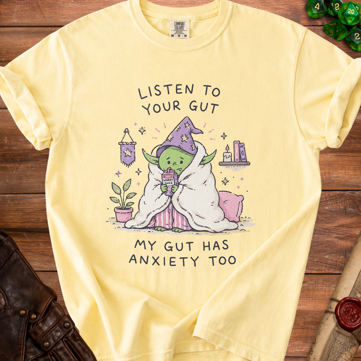 Yellow t-shirt with cartoon Yoda drinking "worry juice" and text "My gut has anxiety too".