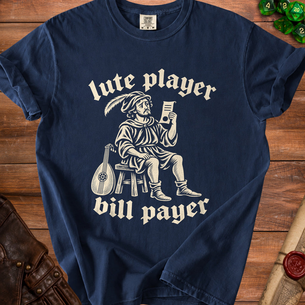 Dark blue t-shirt with medieval lute player and text "lute player bill payer".