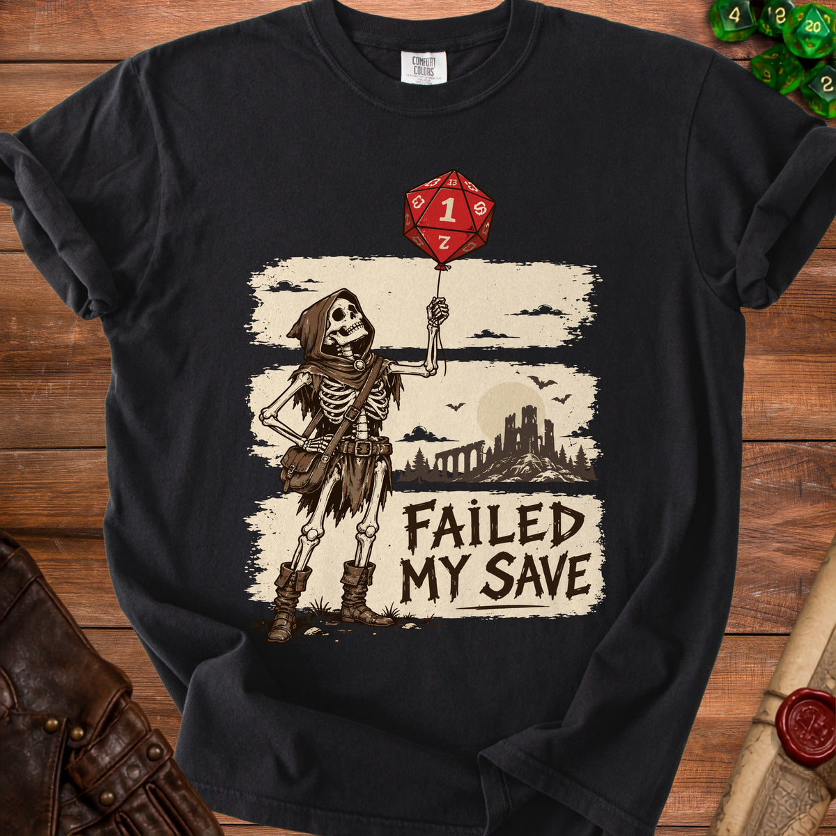 Skeleton with grim reaper hood holds a red d20 die balloon with "FAILED MY SAVE" text.