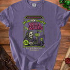 Skeleton gamer wearing headphones drinks "Potion of Skill Issues" next to computer.