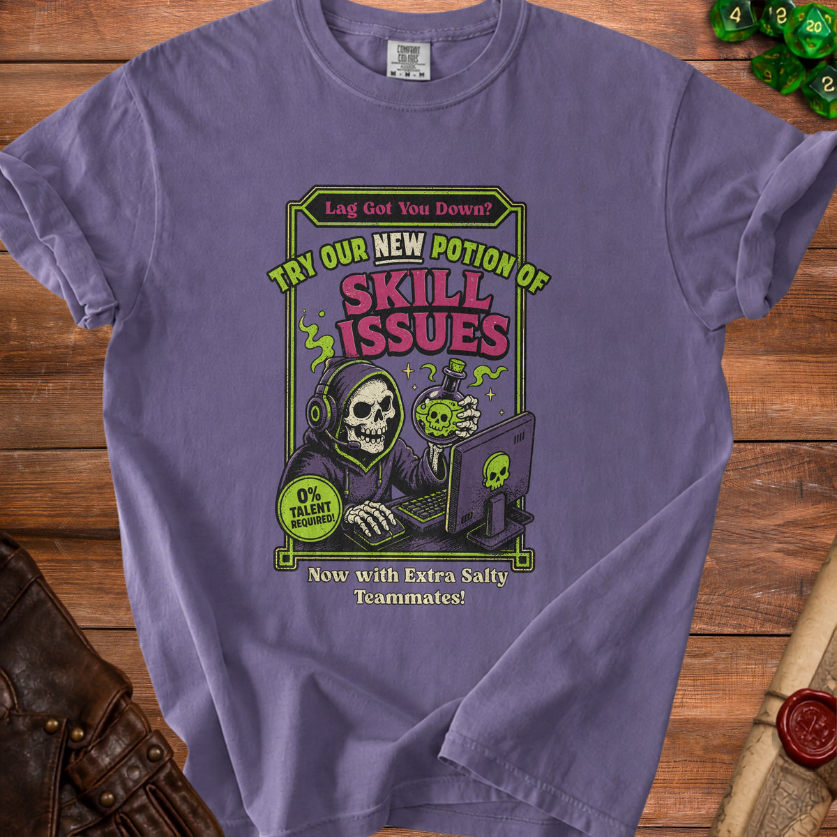 Skeleton gamer wearing headphones drinks "Potion of Skill Issues" next to computer.
