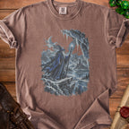 Brown t-shirt with a wizard in a snowy landscape graphic.