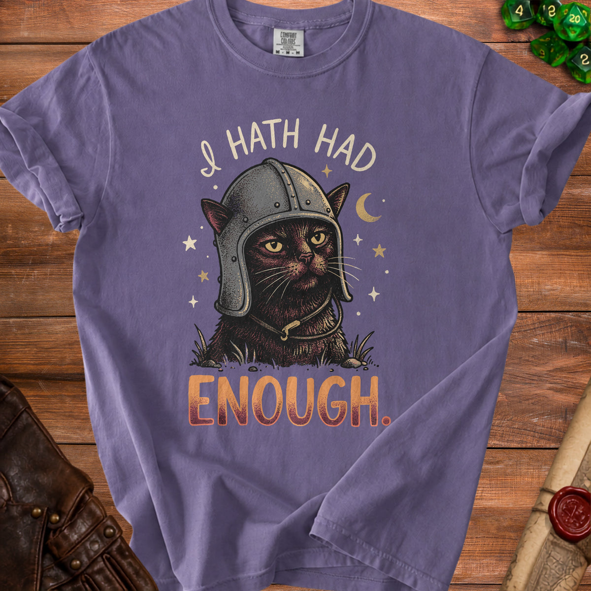 Purple t-shirt with a black cat wearing a knight's helmet and the text "I HATH HAD ENOUGH."