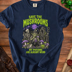 Dark blue t-shirt with "Save the Mushrooms. My Potions Are Already Weird" text and spooky forest illustration.