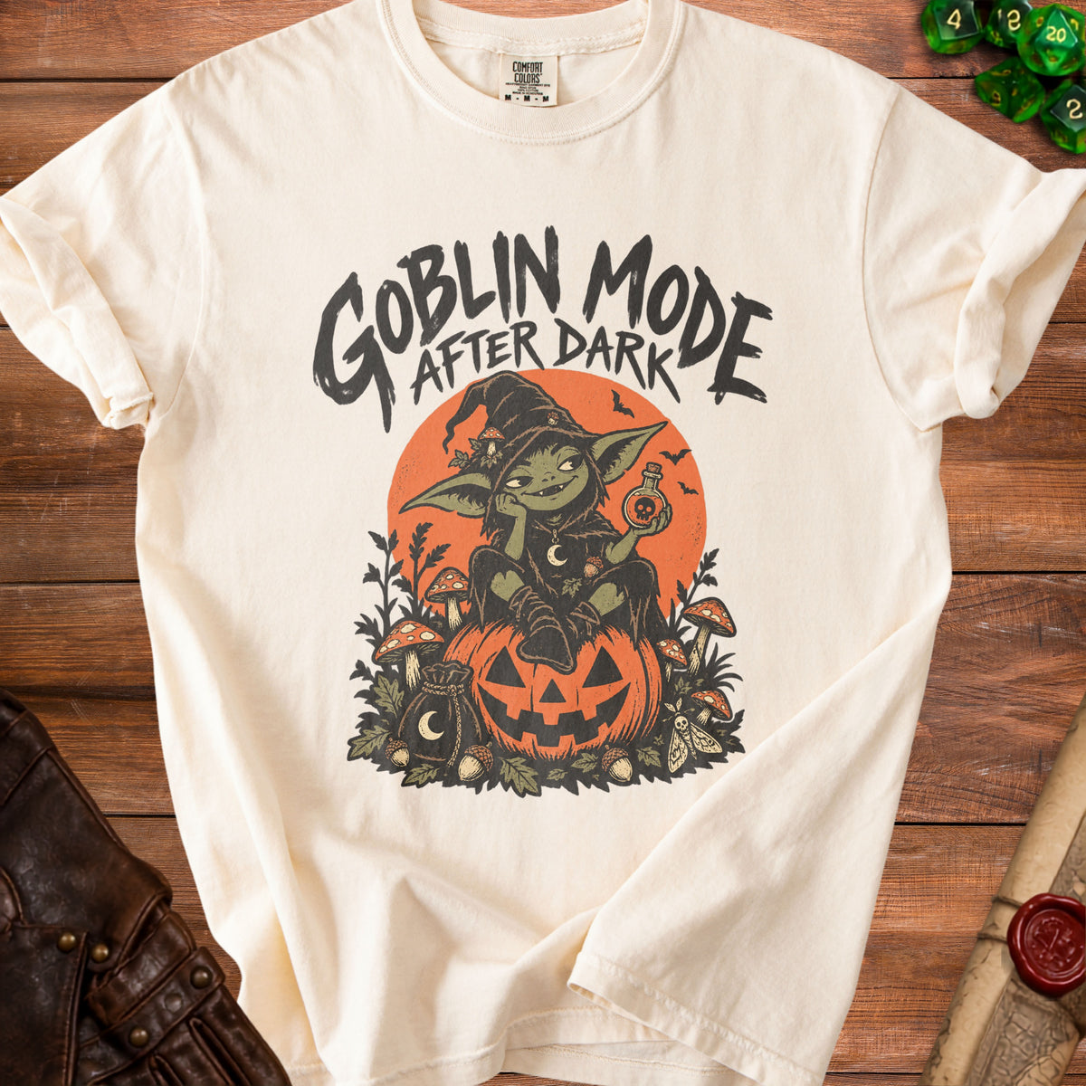 Cream t-shirt with "Goblin Mode After Dark" text and goblin graphic.