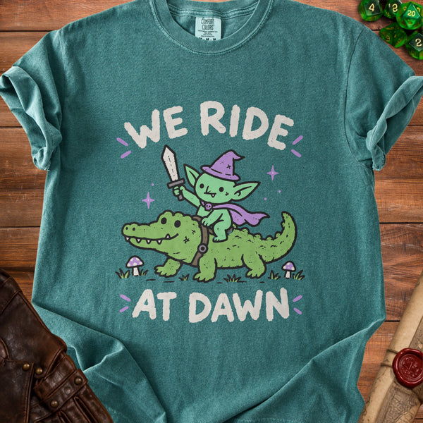 Goblin Rider Alligator Sunrise T-Shirt in Blue Spruce