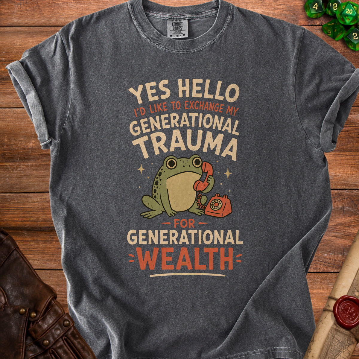 Frog on phone exchanging generational trauma for wealth graphic tee.