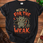 Black t-shirt with a cartoon demon holding a spiked flail, text reads "MERCY IS FOR THE WEAK".