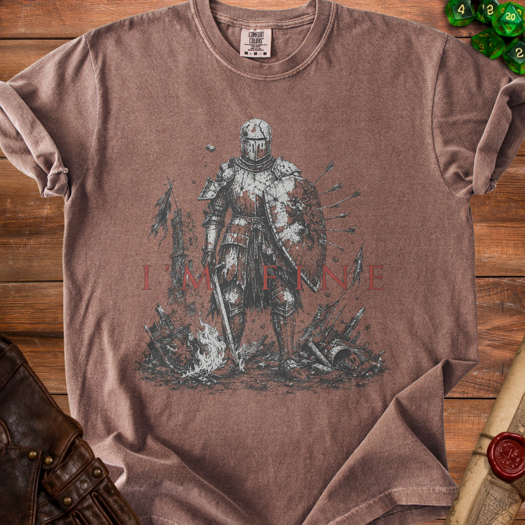 Brown t-shirt with distressed knight graphic and "I'M FINE" text.