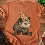 Opossum wearing a wizard hat with moon and stars, text reads "ARCANE ADJACENT"