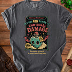 Gray t-shirt with "Emotional Damage" potion graphic and sarcastic text.