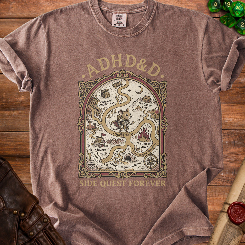 T-shirt with ADHD&D map graphic and "SIDE QUEST FOREVER" text.