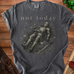 Dark grey t-shirt with a knight lying in flowers and the text "not today".