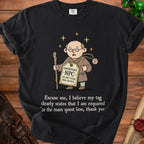 Black t-shirt graphic of a monk with tag: "IMPORTANT -NPC- DO NOT STAB, ROB, OR KILL".