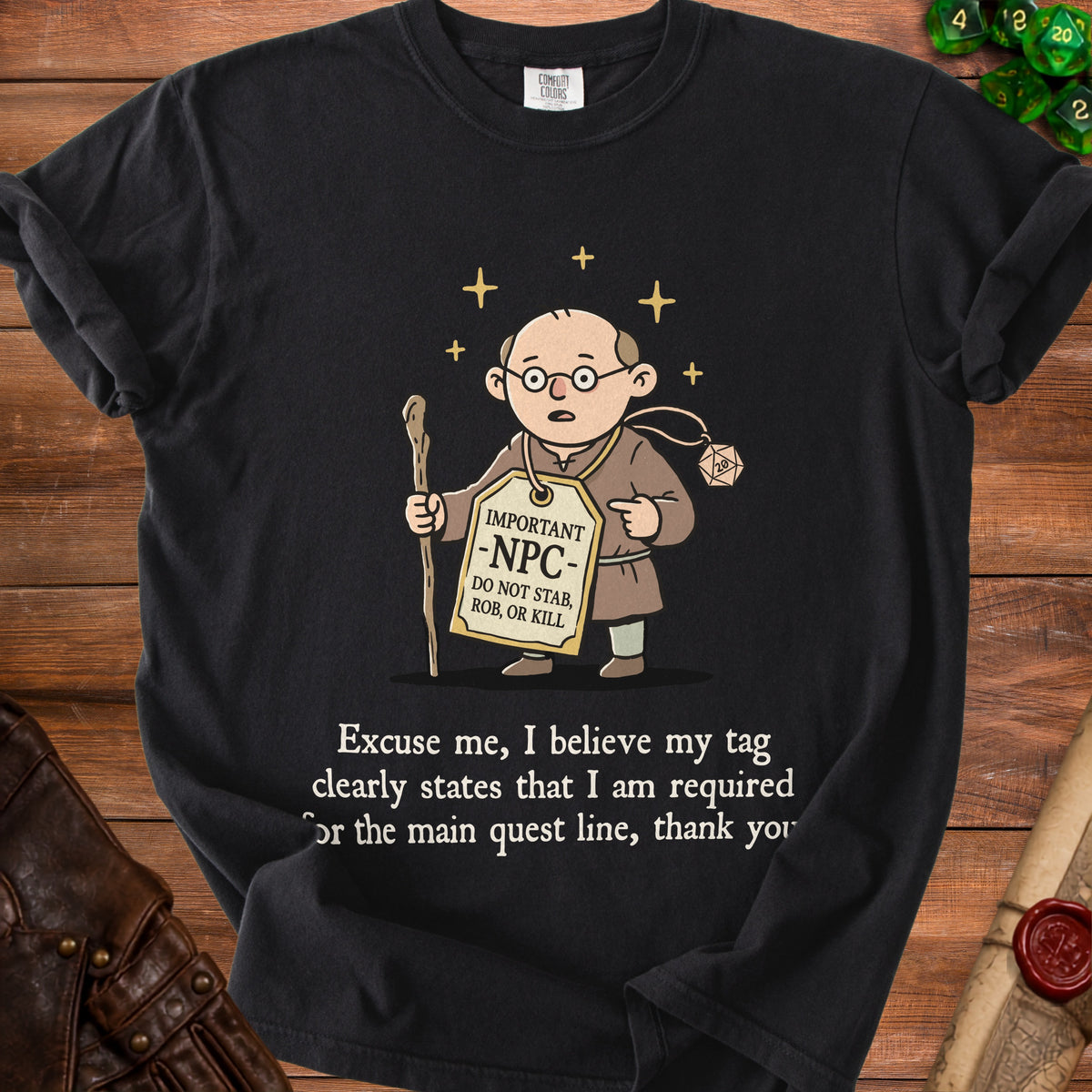 Black t-shirt graphic of a monk with tag: "IMPORTANT -NPC- DO NOT STAB, ROB, OR KILL".
