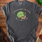 Dark grey t-shirt with a graphic of a frog summoning snacks and the text "I Summoned Snacks. Close Enough."