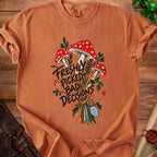 Orange t-shirt with "Freshly Picked Bad Decisions" text and mushroom graphic.