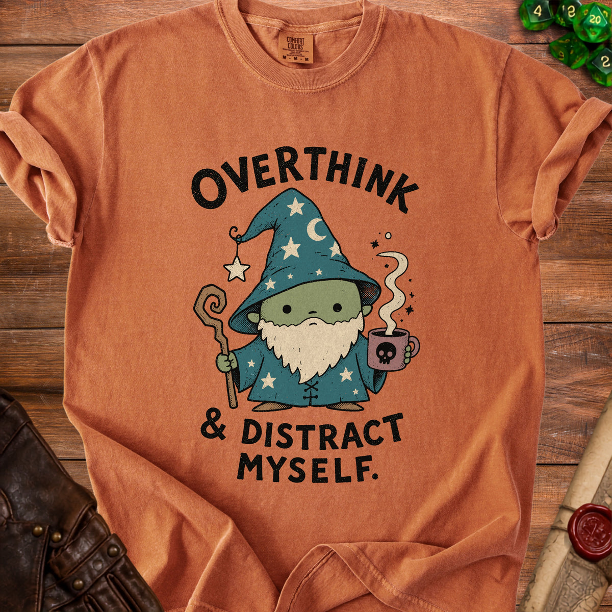 T-shirt with cartoon wizard holding coffee and text "OVERTHINK & DISTRACT MYSELF."