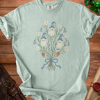 Mint t-shirt with a bouquet of ghosts, pumpkins, flowers, and bells.