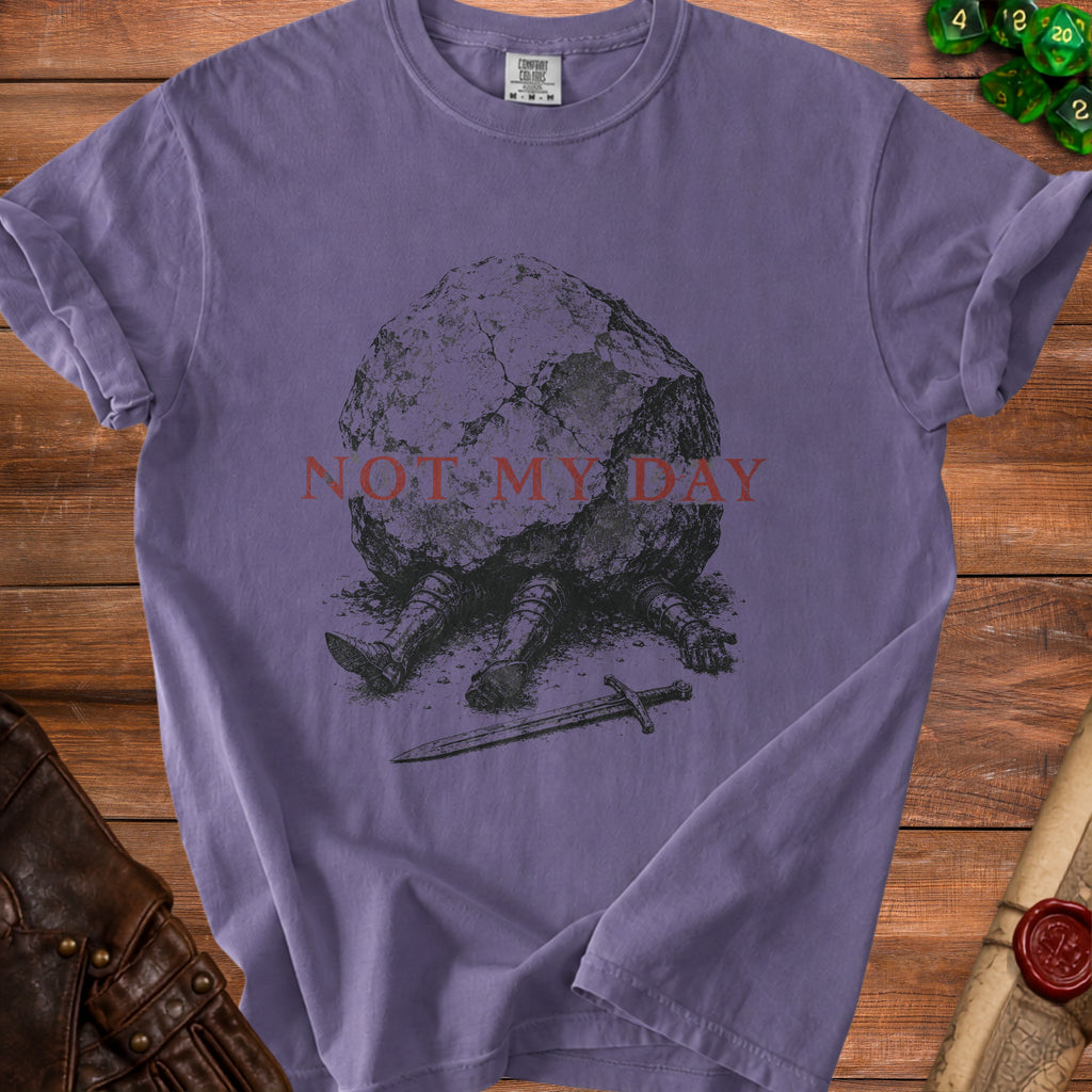 Purple t-shirt with "NOT MY DAY" text and a knight crushed by a boulder.