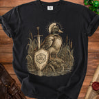 Duck in armor with sword and shield bearing a twenty-sided die.