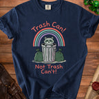 Navy t-shirt with a raccoon in a trash can graphic and text "Trash Can! Not Trash Can't!".