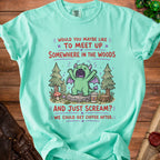 Green dragon in woods screaming with coffee, asking to meet up and scream, then get coffee.