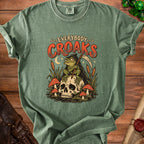 Green t-shirt with a grim reaper frog on a skull graphic and "Everybody Croaks" text.
