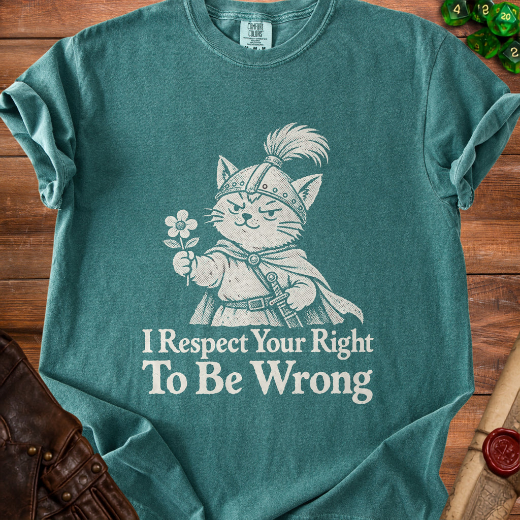 Teal t-shirt with medieval cat graphic and text "I Respect Your Right To Be Wrong".