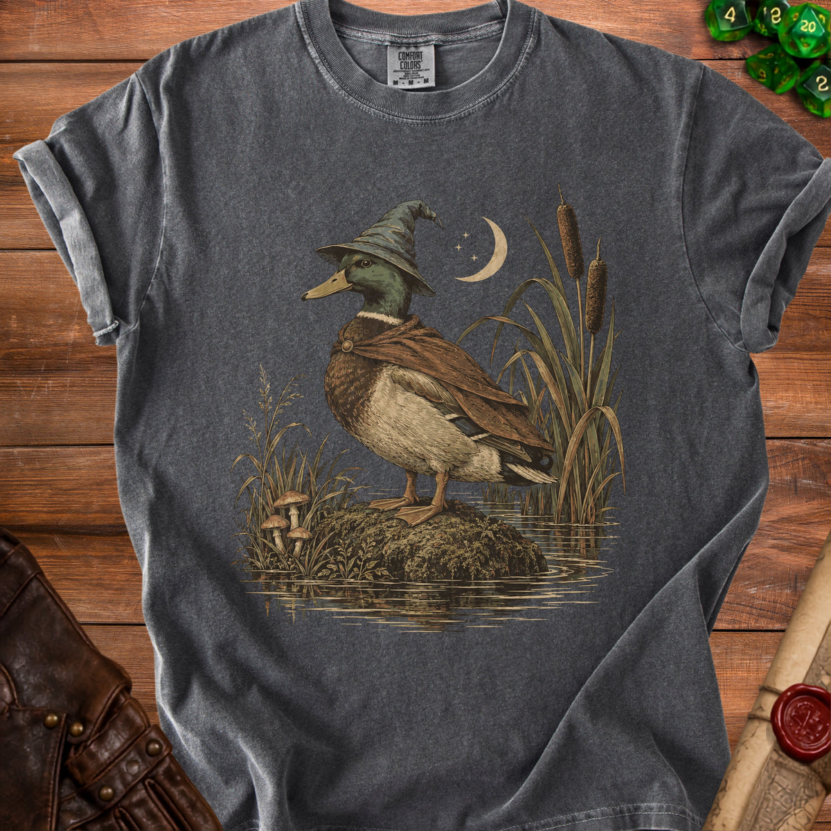 Mallard duck wearing a wizard hat standing on a rock near cattails at night.