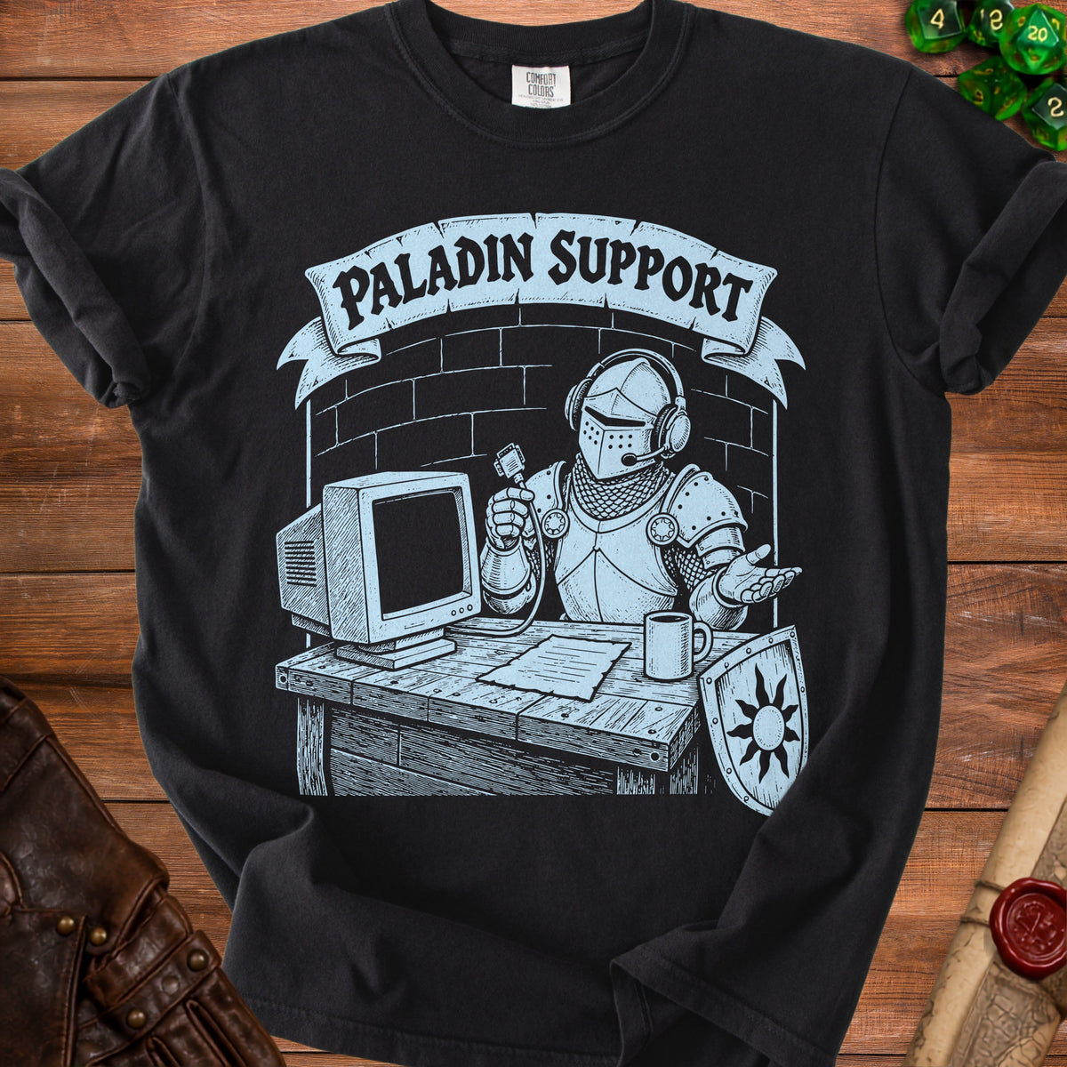 Black t-shirt with "Paladin Support" text and illustration of knight at a computer.