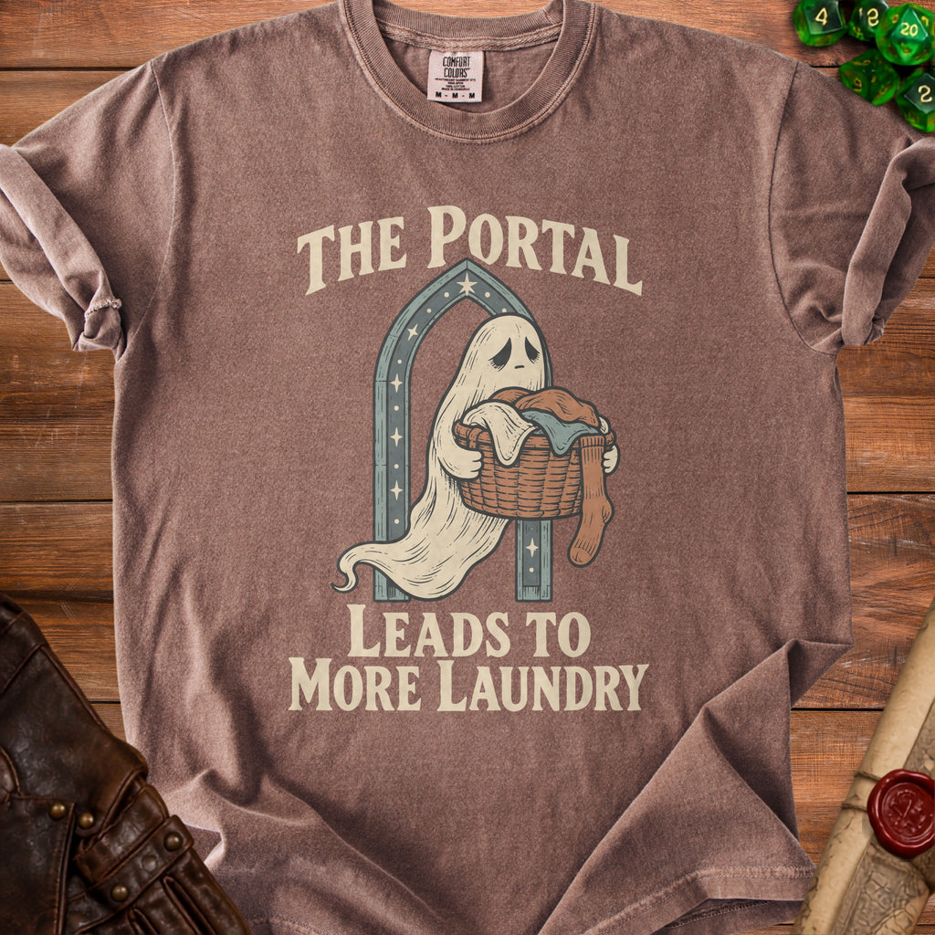 Brown t-shirt with a ghost carrying laundry and text "The portal leads to more laundry".