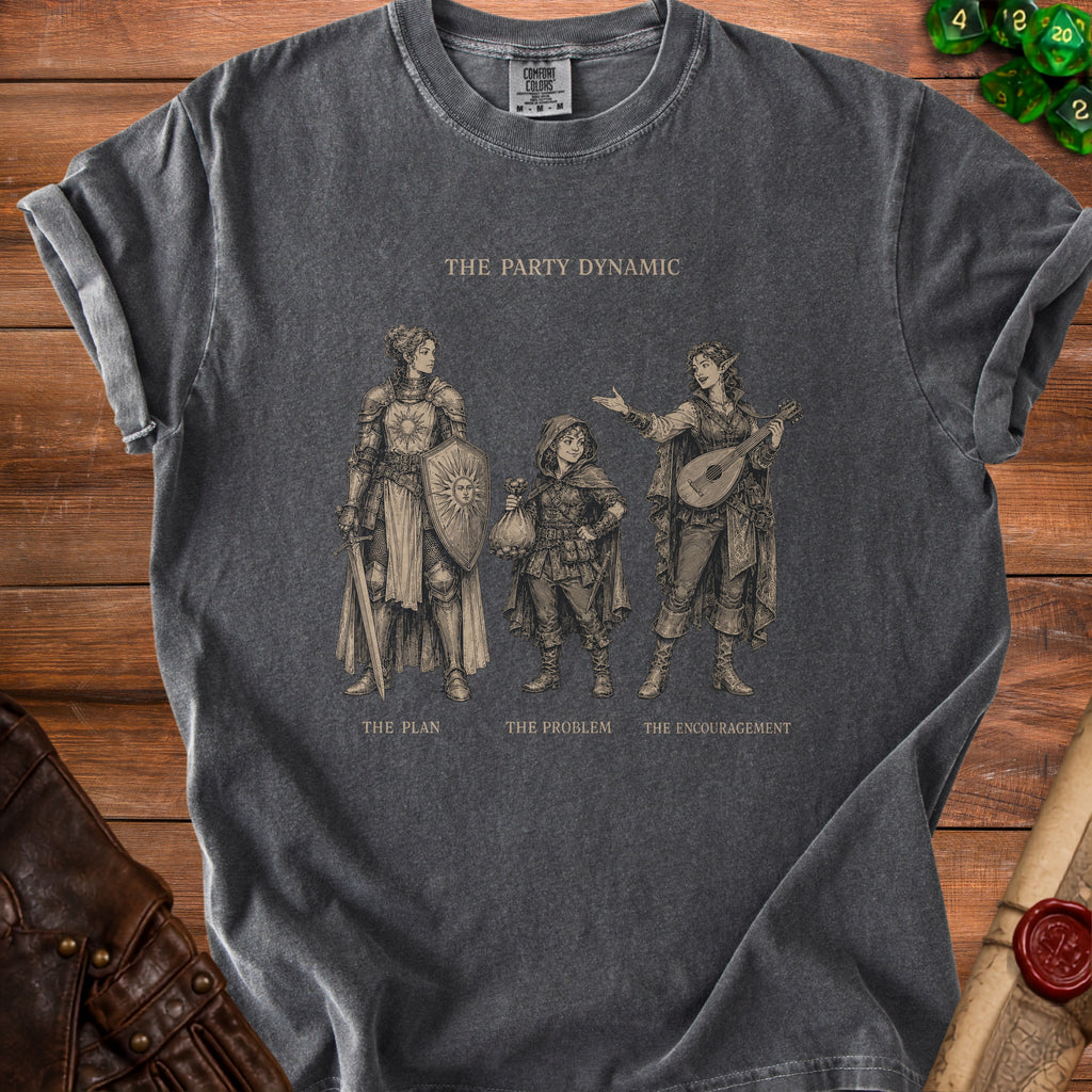 T-shirt with "The Party Dynamic" graphic featuring adventurers and text.