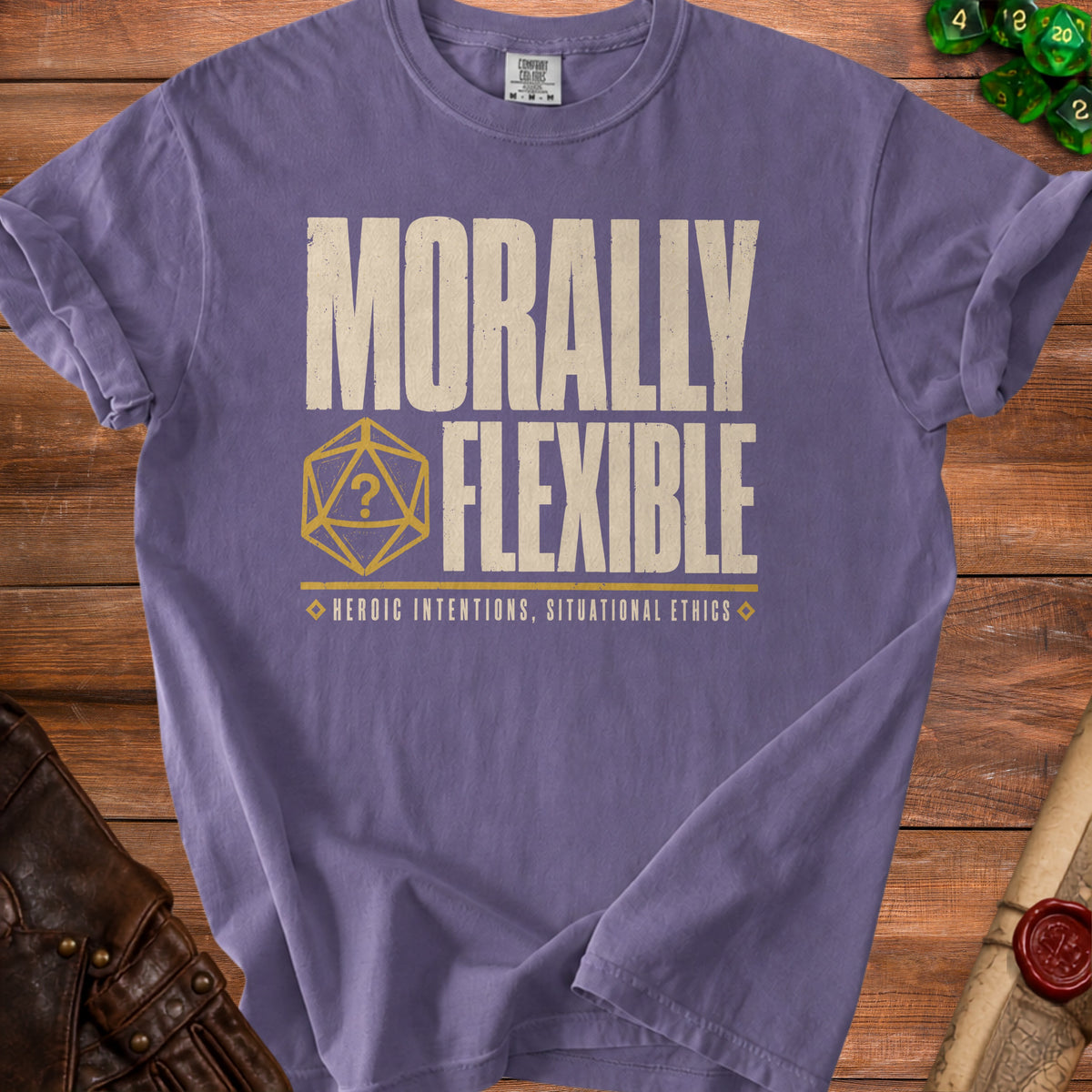 Purple t-shirt with "MORALLY FLEXIBLE" and a D20 die.