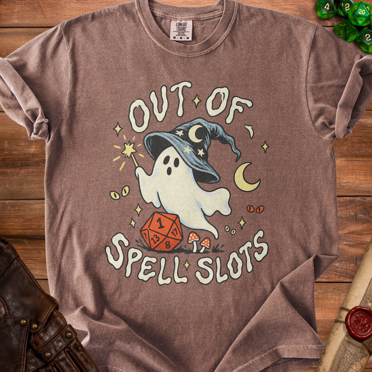 Brown t-shirt with ghost, wizard hat, D20 die, and text "OUT OF SPELL SLOTS".