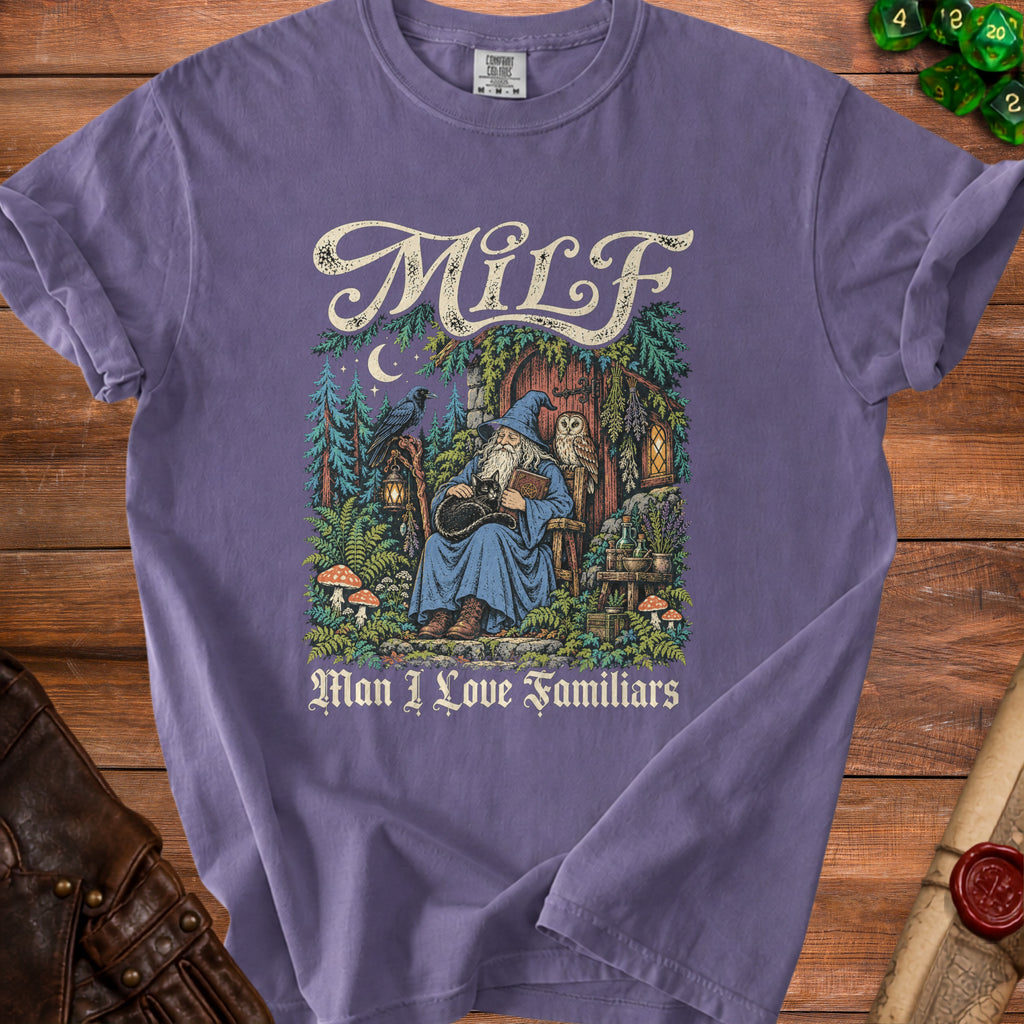 Purple t-shirt with wizard, cat, owl, raven, and text MILF Man I Love Familiars.