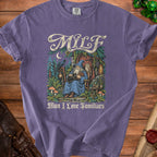 Purple t-shirt with wizard, cat, owl, raven, and text MILF Man I Love Familiars.