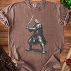 Brown t-shirt with knight illustration and "MENTALLY ELSEWHERE" text.