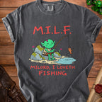 Dark grey t-shirt with cartoon goblin text "M.I.L.F. Milord, I Loveth Fishing".