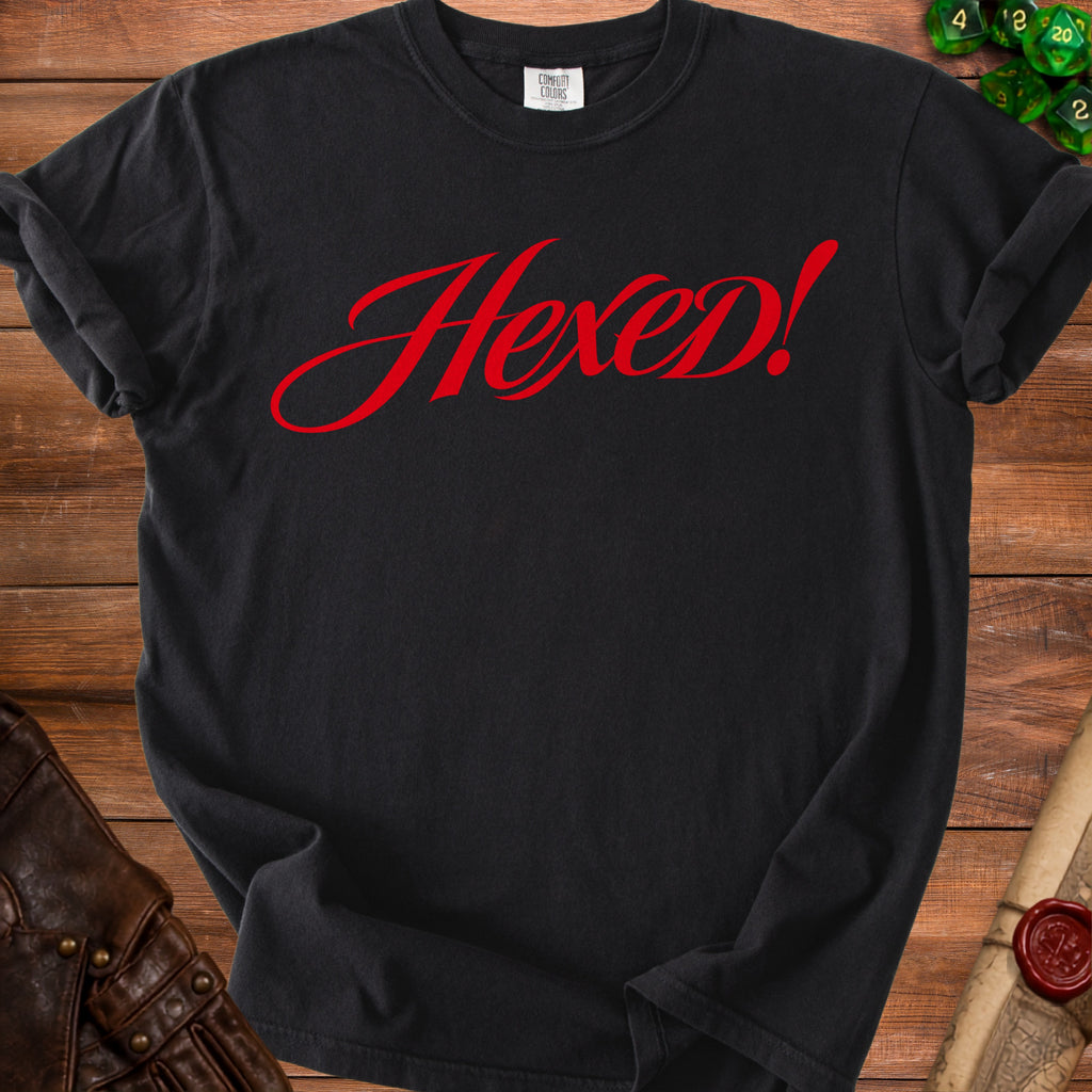 Black t-shirt with red script text that says "HexeD!".