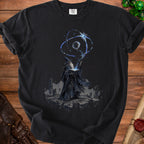 Black t-shirt with a wizard casting a spell over a celestial or planetary orb.