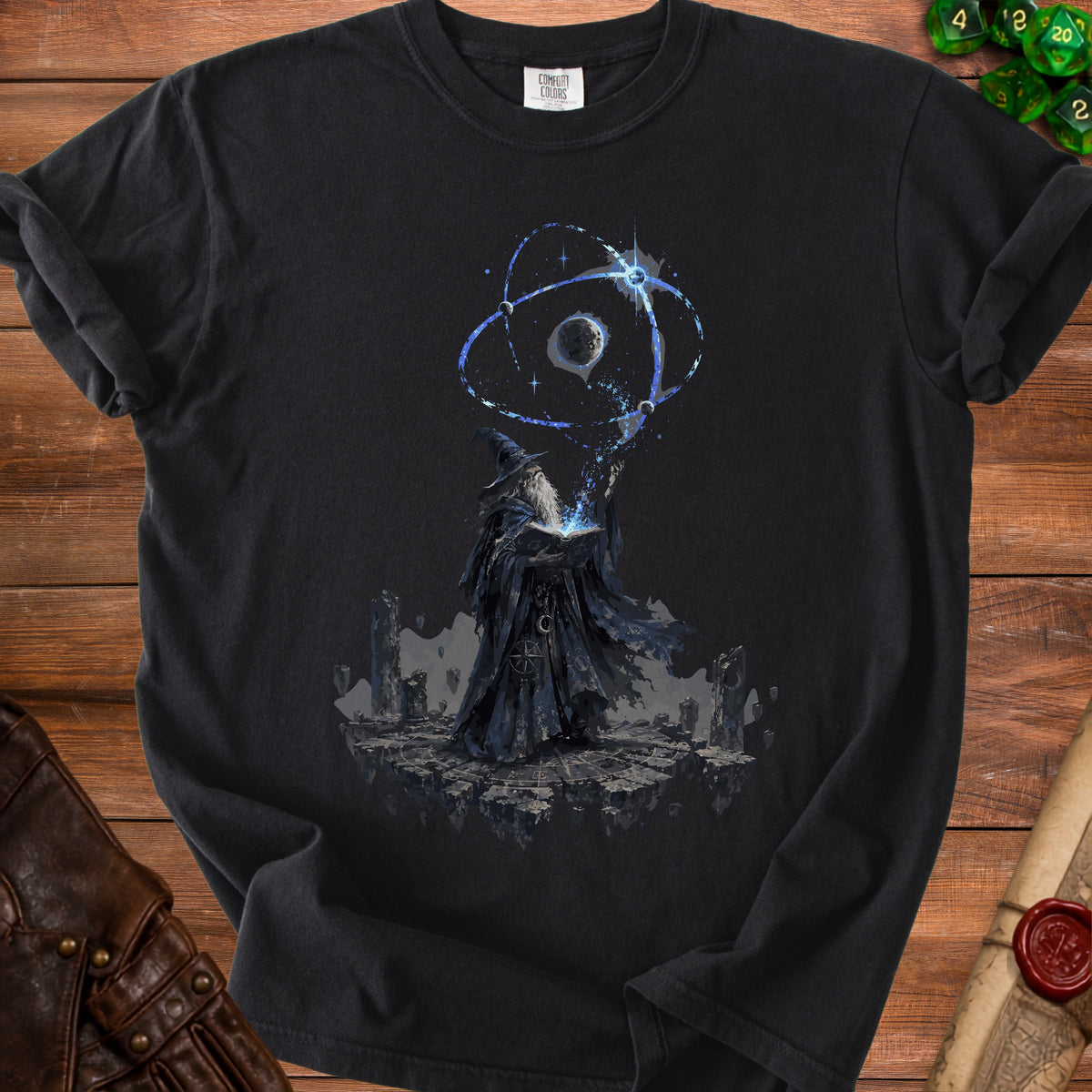 Black t-shirt with a wizard casting a spell over a celestial or planetary orb.