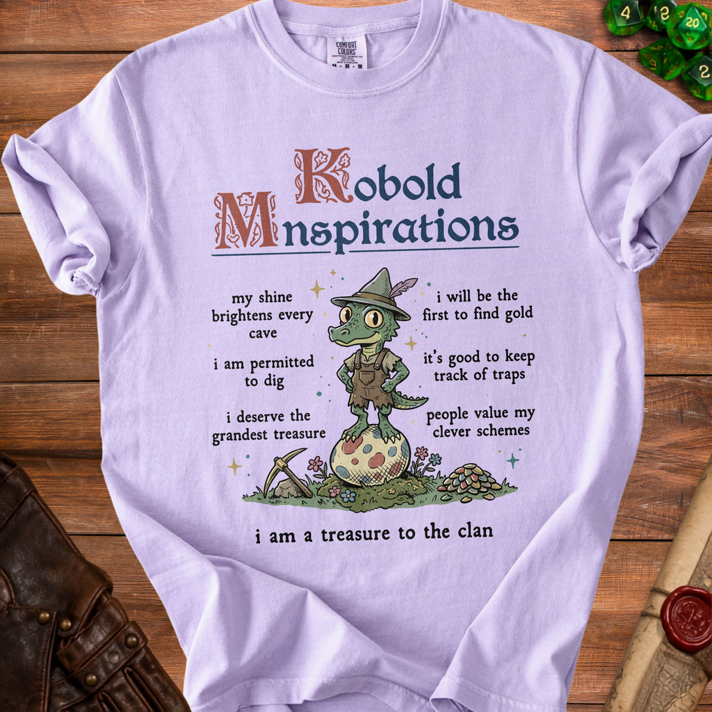 Lilac t-shirt with "Kobold Minspirations" and a kobold character with text.
