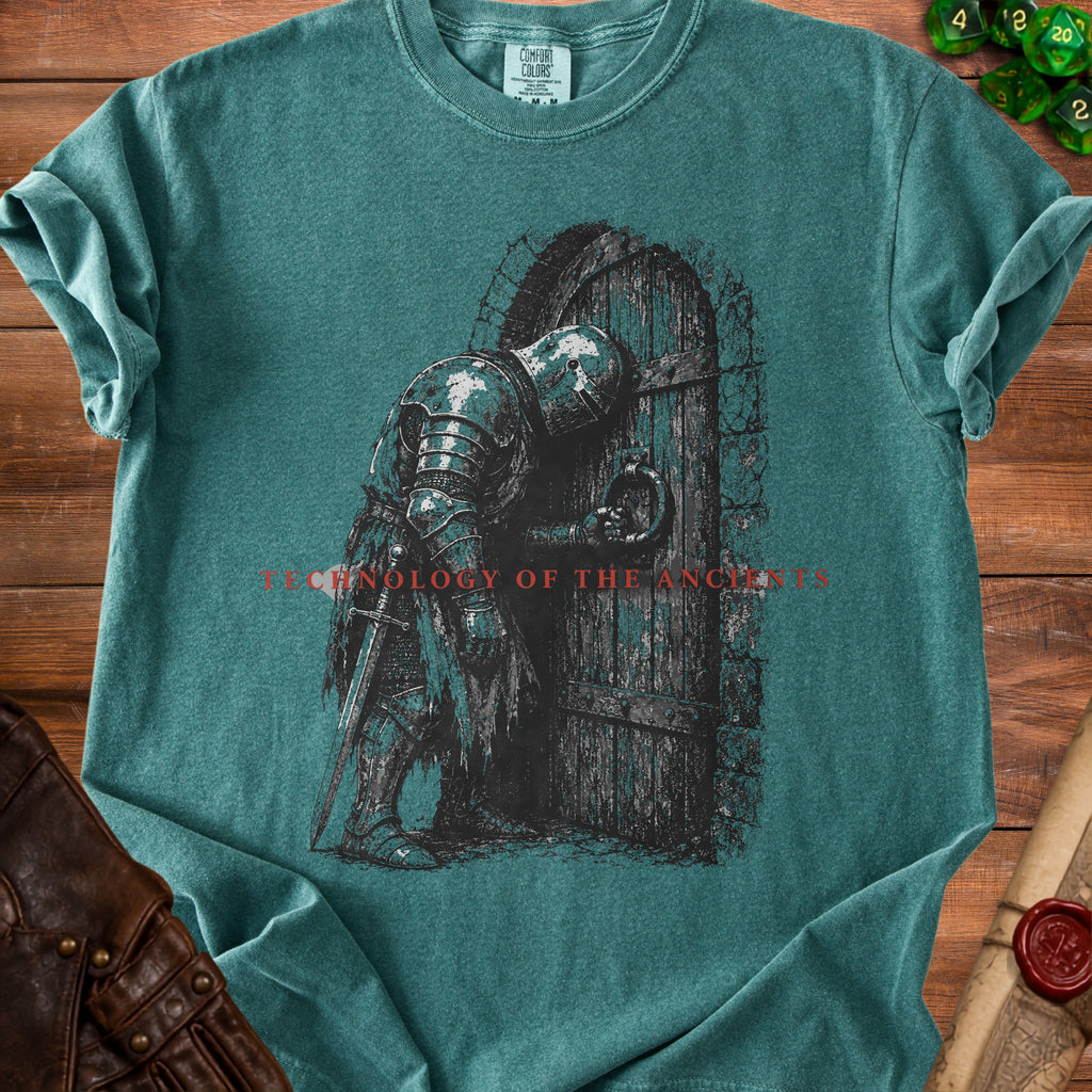 Knight in armor peeking through a barred wooden door with text "TECHNOLOGY OF THE ANCIENTS."