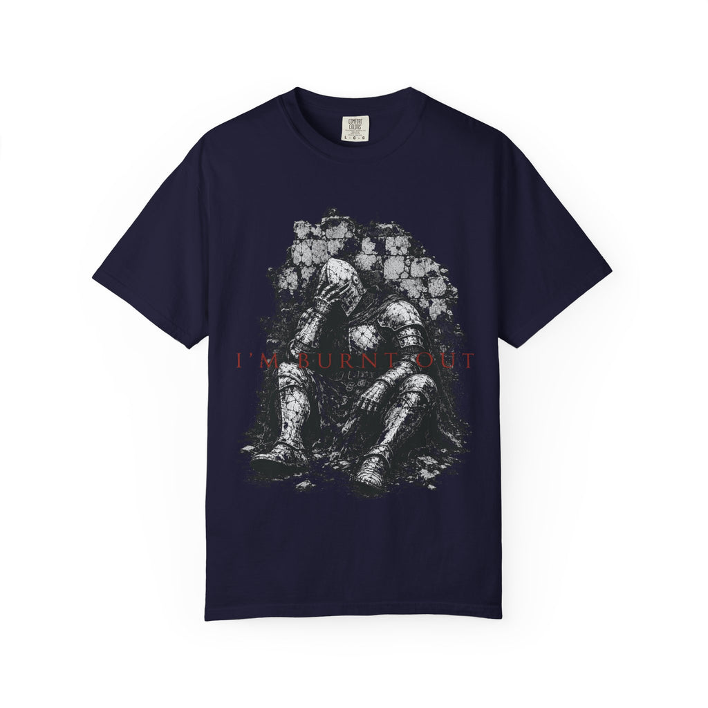 Navy t-shirt with a distressed knight artwork and "I'm Burnt Out" text.