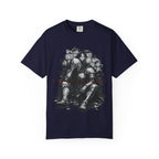Navy t-shirt with a distressed knight artwork and "I'm Burnt Out" text.