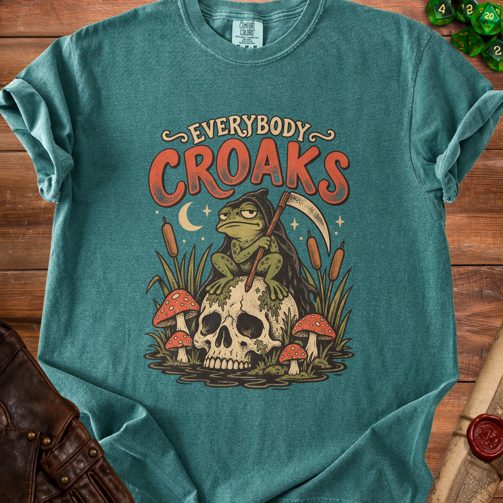 T-shirt with "Everybody Croaks" text, a grim reaper frog on a skull.
