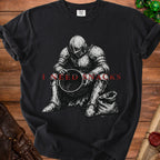 Black t-shirt with knight in armor and text "I NEED SNACKS"
